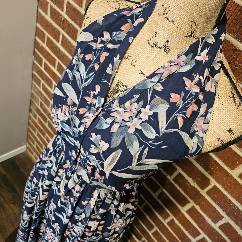Gal Meets Glam Dress Navy Blue Siena Halter Floral Maxi Button Up Dress 0P NWT